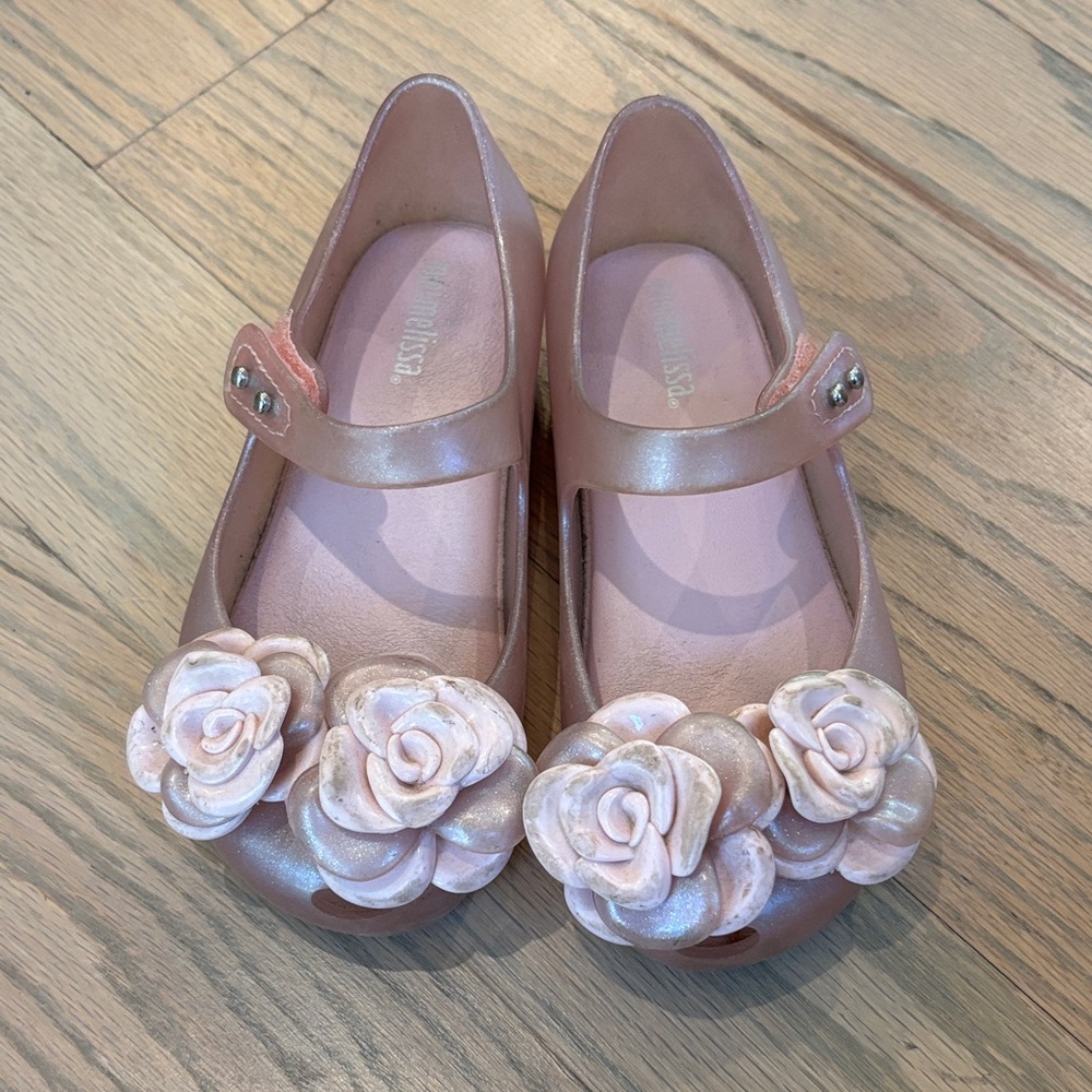 Mini Melissa pink shimmer floral waterproof jelly strap shoes, size toddler 10